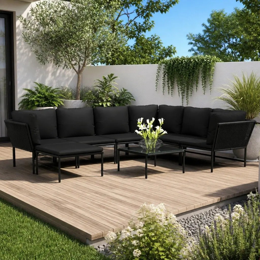 8 Piece Modular Outdoor Lounge Set Black Powder Coated Steel Frame Weather Resistant PVC Wire Cushions Garden Patio Furniture