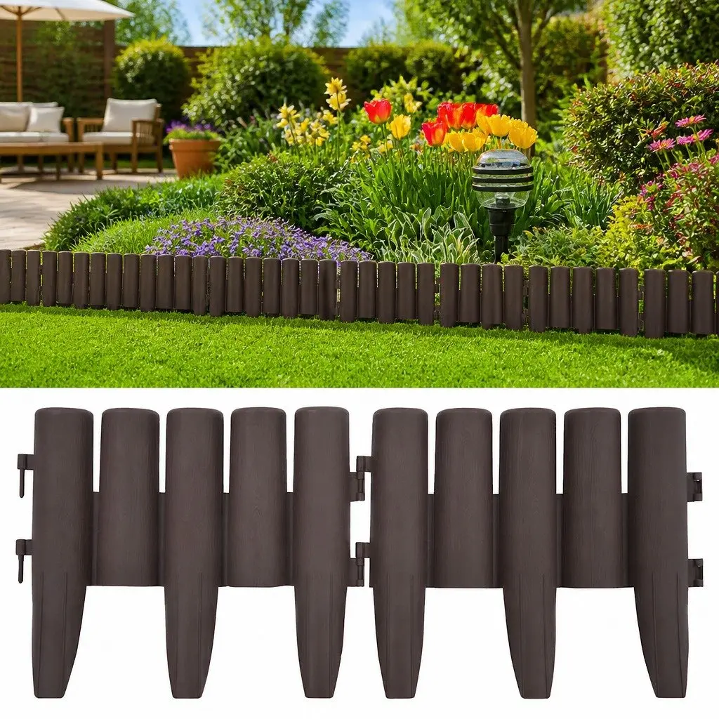 Lawn Edging 36 pcs Brown 10m Log Design Garden Border Fence PP Plant Bed Edge