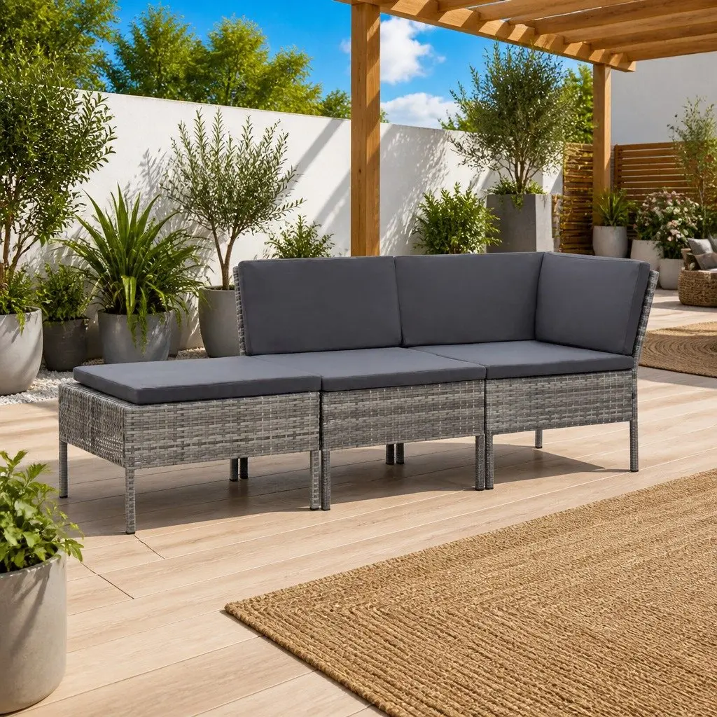 3 Piece Modular Lounge Set PE Rattan Outdoor Sofa with Cushions Grey