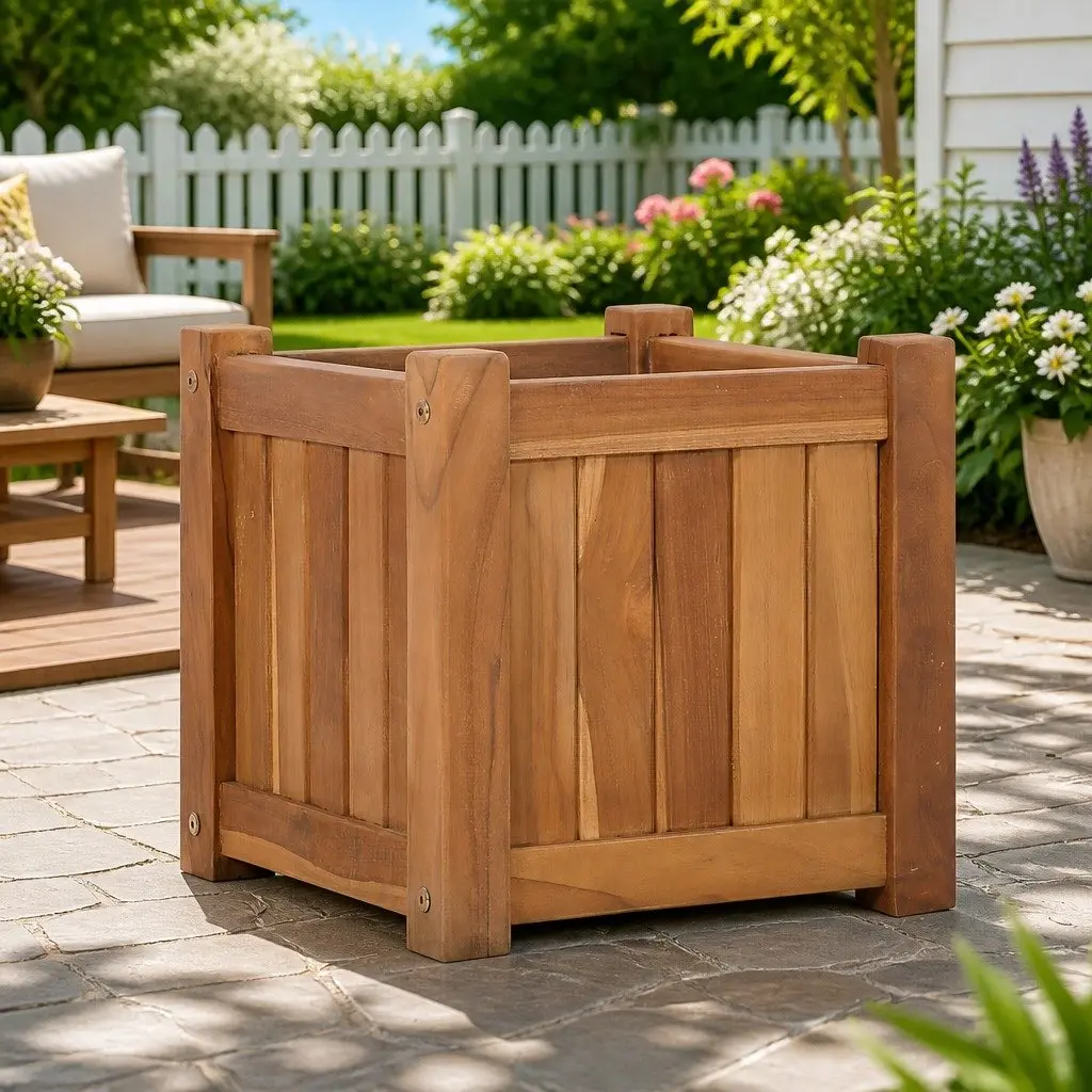 Outdoor Wooden Planter Box Raised Bed 30x30x30cm Brown Solid Teak Wood Durable Weather Resistant Easy to Assemble