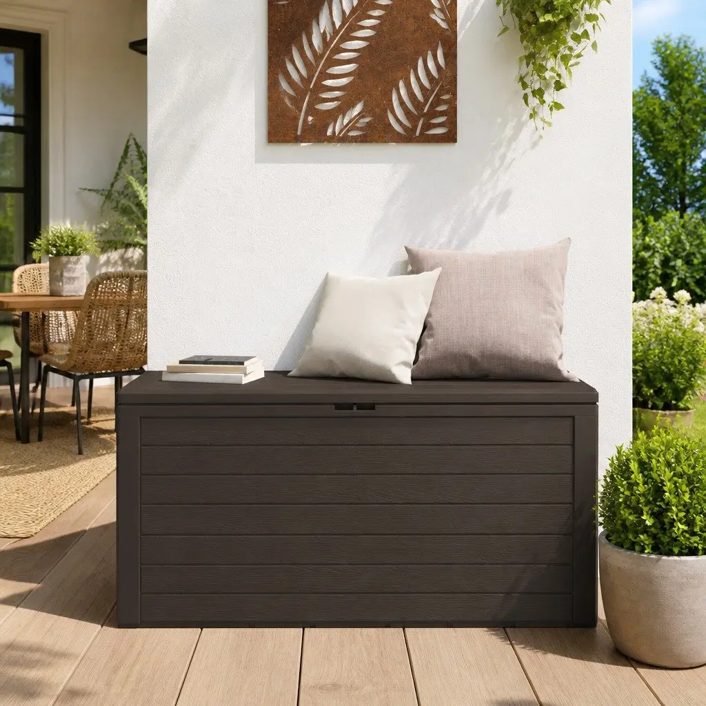 Outdoor Storage Box Brown Polypropylene 116 x 44 x 55 cm Durable Garden Patio Furniture Cushion Blanket Organizer