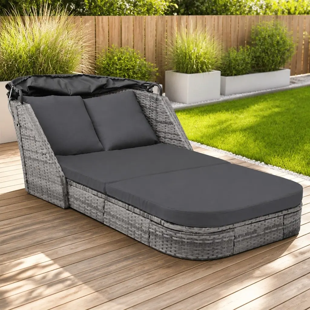 Sun Lounger PE Rattan with Canopy Anthracite Outdoor Garden Reclining Chair