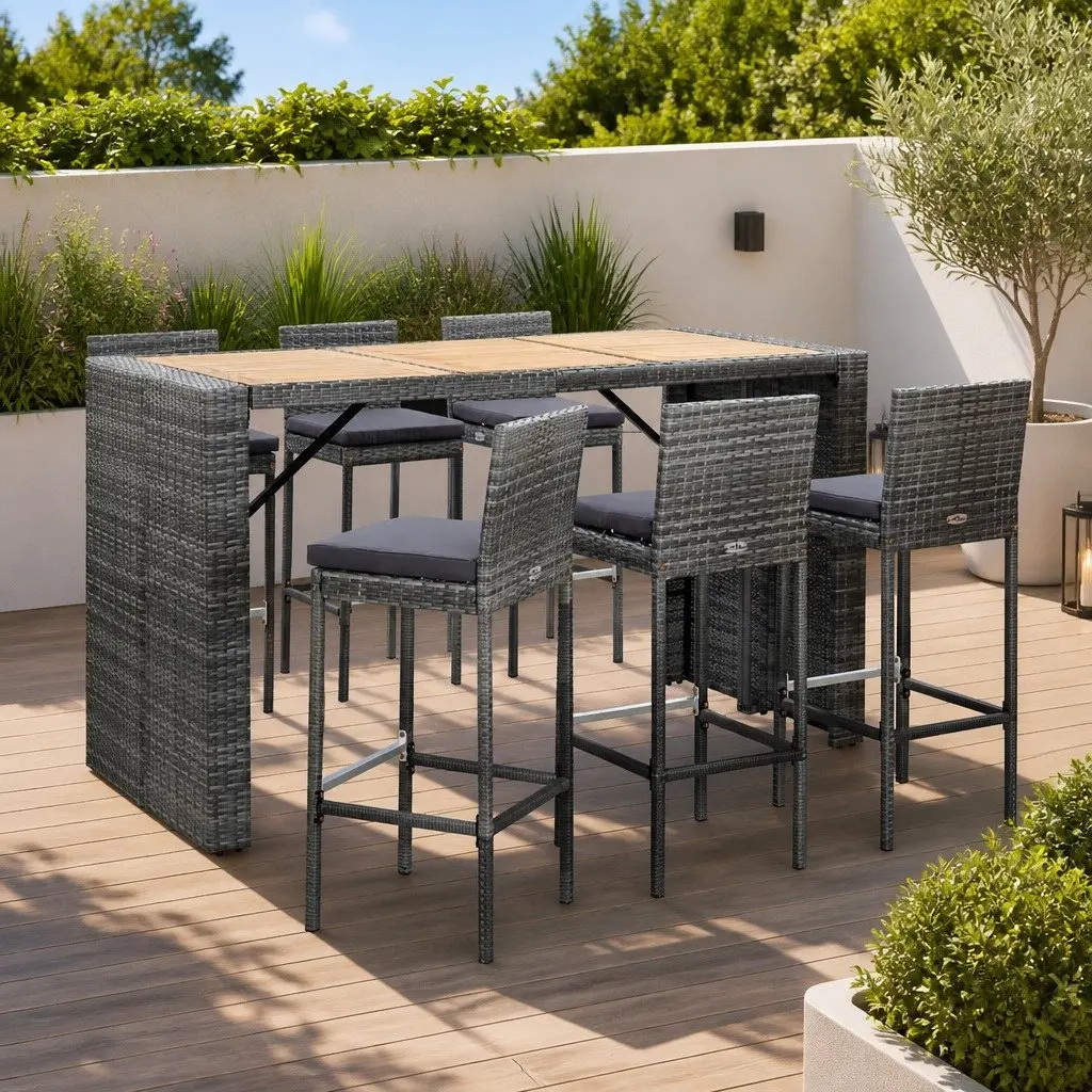 7 Piece Garden Patio Bar Set Cushioned Grey PE Rattan with Acacia Wood Table and Powder Coated Steel Frame