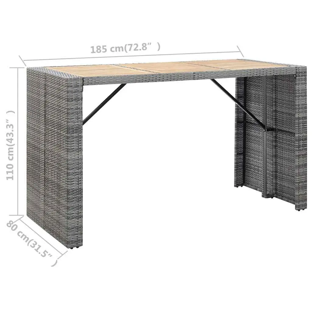 7 Piece Garden Patio Bar Set Cushioned Grey PE Rattan with Acacia Wood Table and Powder Coated Steel Frame
