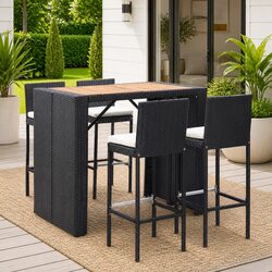 5 Piece Outdoor Bar Set Poly Rattan Acacia Wood Patio Furniture Black