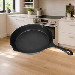 Cast Iron Grill Pan 30cm Round Flat Bottom BBQ Skillet Cooking Griddle Non-Stick