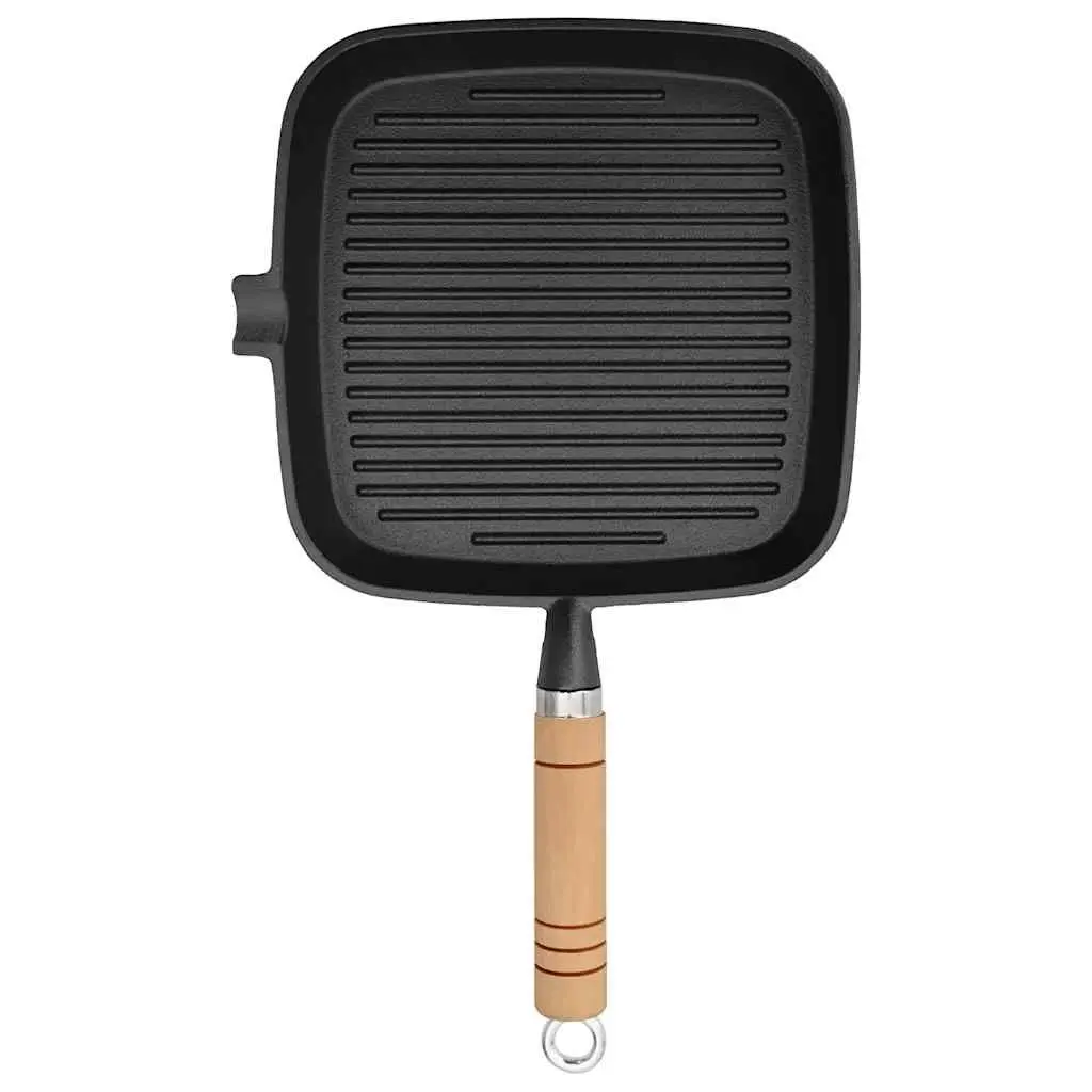 Cast Iron Grill Pan 20x20 cm Black Skillet Griddle Wooden Handle Ribbed Base