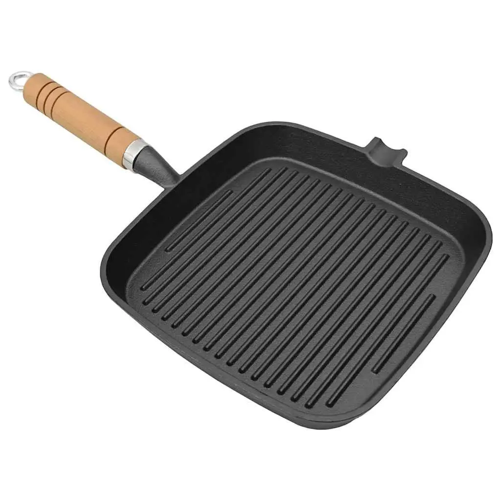Cast Iron Grill Pan 20x20 cm Black Skillet Griddle Wooden Handle Ribbed Base