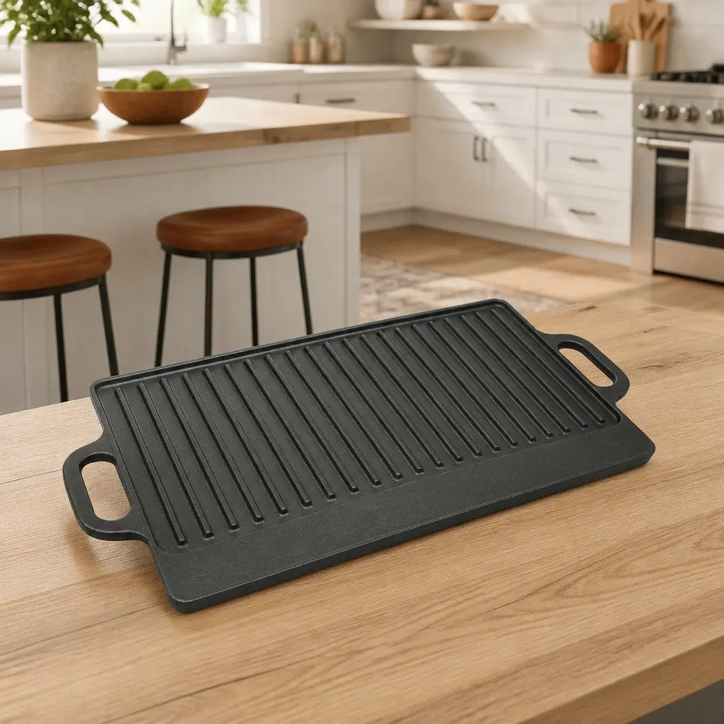 Cast Iron Reversible Grill Platter 50x23cm Double-Sided Griddle Cooking Surface Black