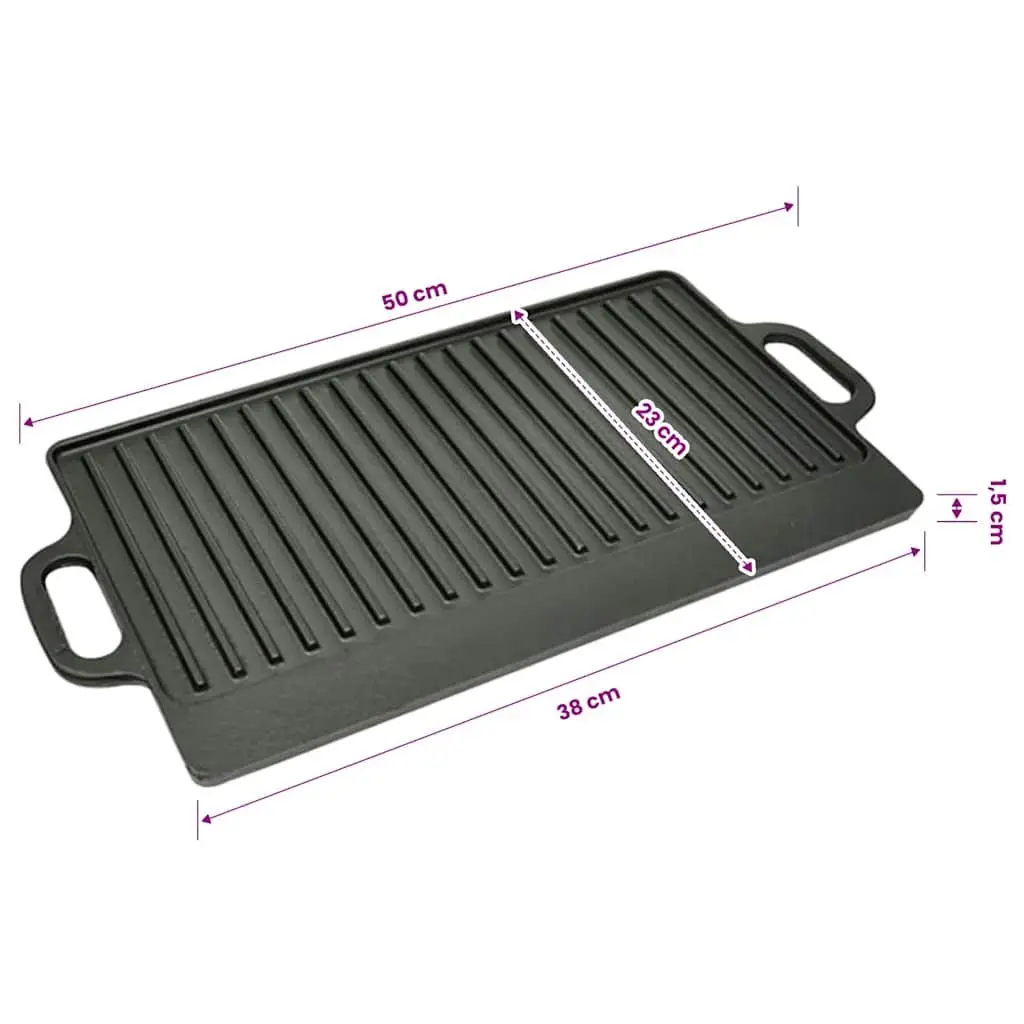 Cast Iron Reversible Grill Platter 50x23cm Double-Sided Griddle Cooking Surface Black