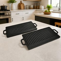 Cast Iron Reversible Griddle Grill Plate Set of 2 BBQ Pizza Platter Double Sided