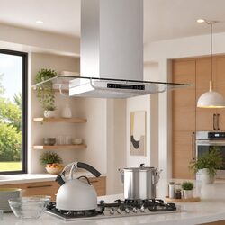 Island Mount Range Hood LCD Display Touch Control Silver Kitchen Extractor Fan
