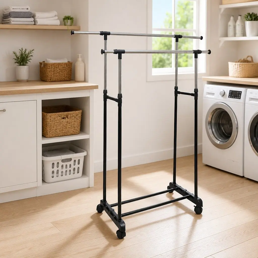 Adjustable Clothes Rack Stainless Steel Height Adjustable Black 4 Castors 2 Hanging Rails