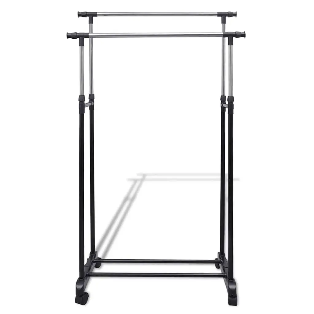 Adjustable Clothes Rack Stainless Steel Height Adjustable Black 4 Castors 2 Hanging Rails