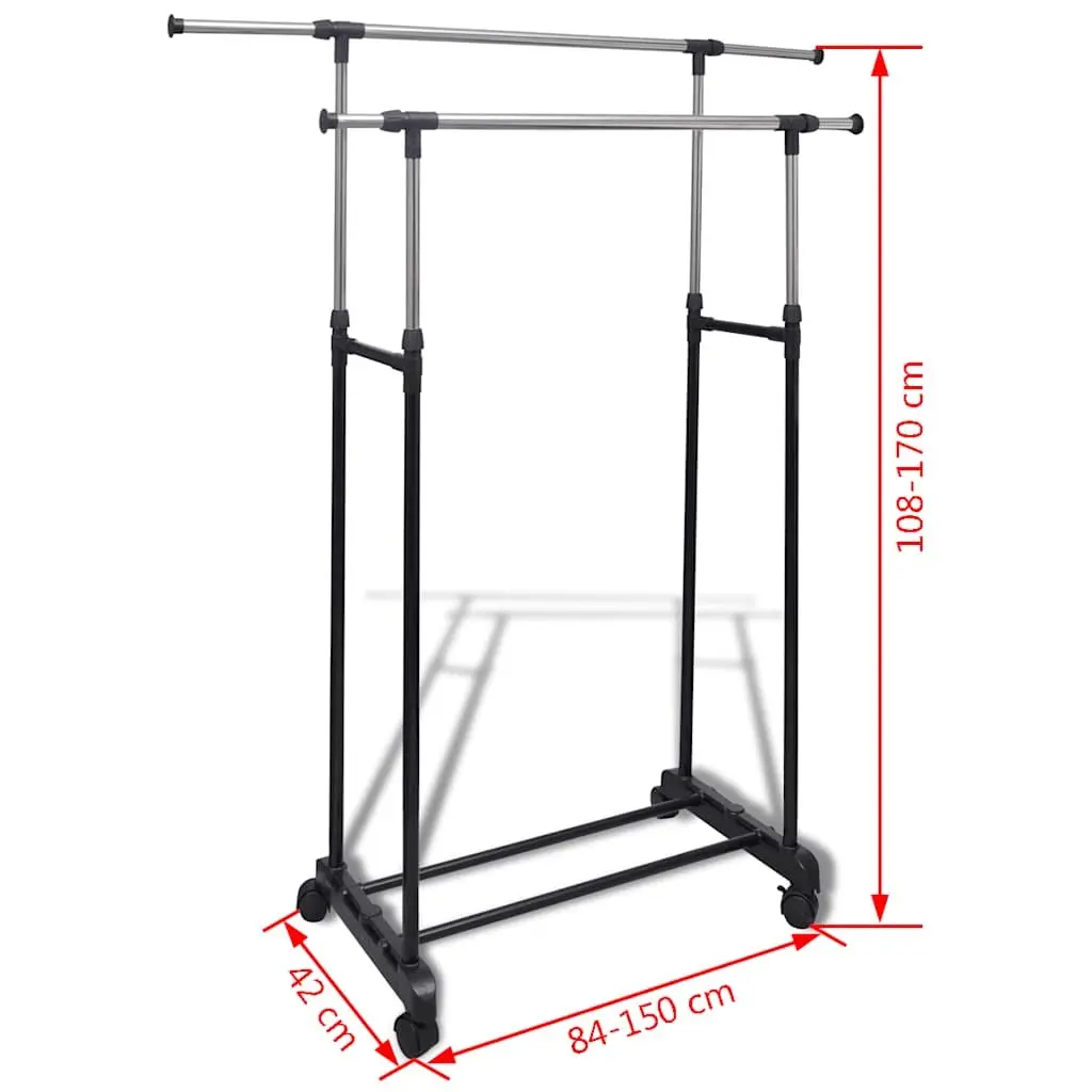 Adjustable Clothes Rack Stainless Steel Height Adjustable Black 4 Castors 2 Hanging Rails