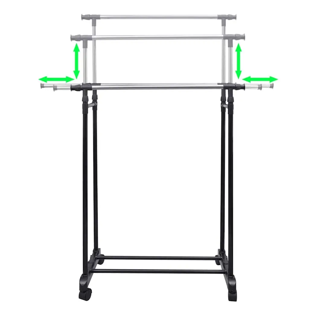 Adjustable Clothes Rack Stainless Steel Height Adjustable Black 4 Castors 2 Hanging Rails