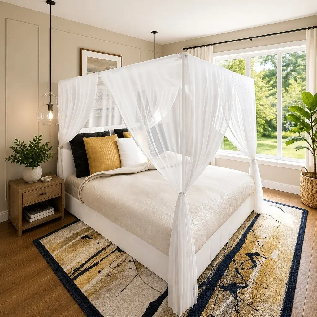 Mosquito Net Bed Curtain Square Polyester Mesh 3 Openings White Set of 2