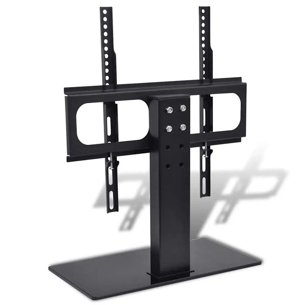 Pedestal TV Stand Height Adjustable Powder Coated Steel 26-42 Inch Screen Mount Black Tempered Glass Base