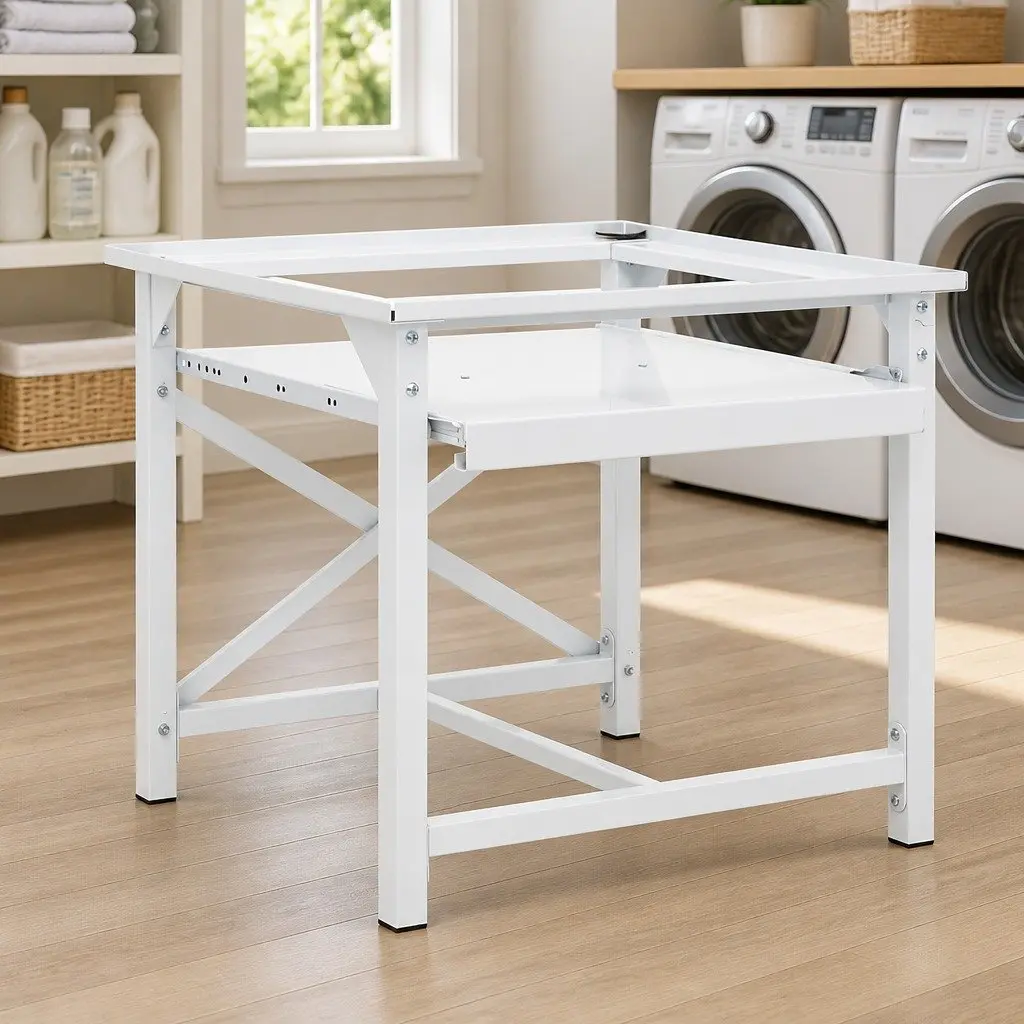 Washing Machine Riser Stand White Storage Pedestal with Pull-Out Shelf