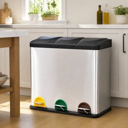 Recycling Pedal Bin 54L Stainless Steel Kitchen Rubbish Trash Can 3 Compartments