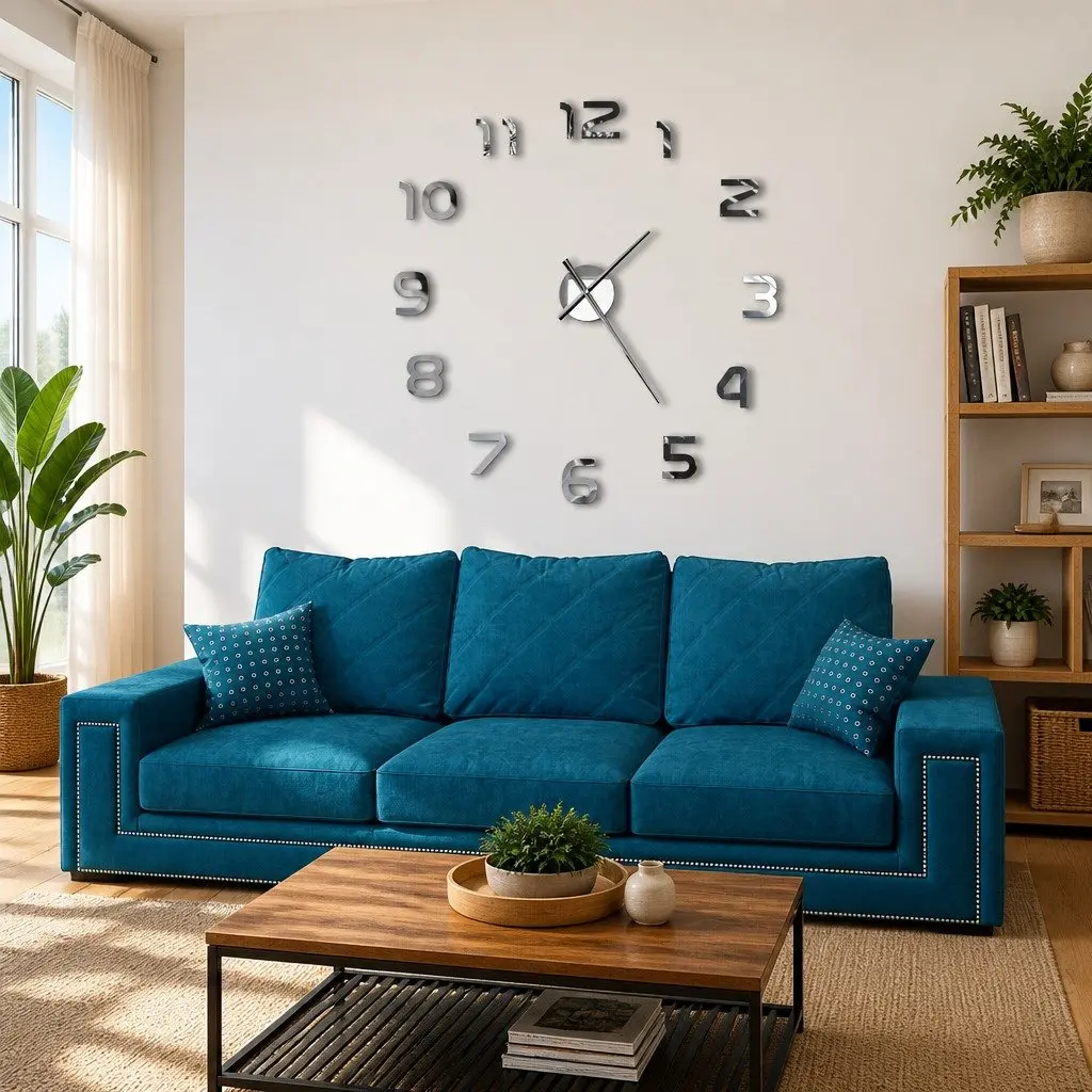 3D Wall Clock Modern XXL Design Silver 100cm Large Room Decor Statement Piece