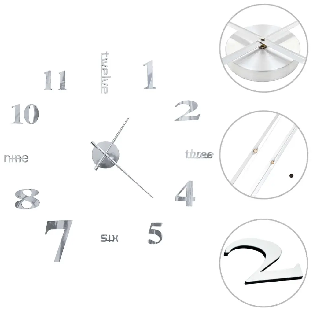 3D Wall Clock Modern Design Extra Large XXL Silver Decor DIY Adjustable Size
