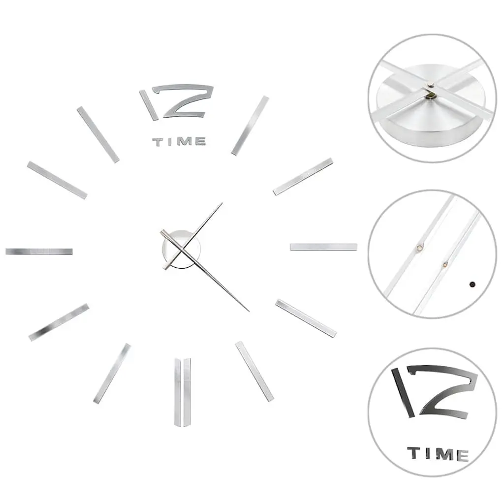 3D Wall Clock Modern Design XXL Silver Oversized DIY Room Decor Statement Piece