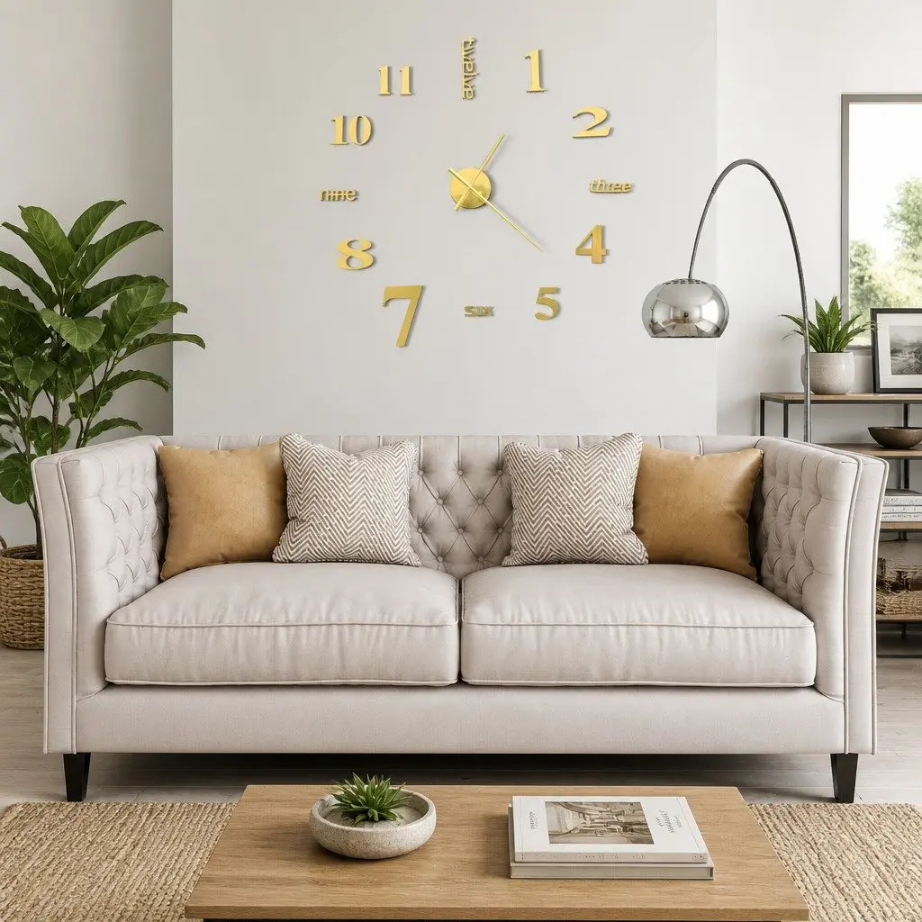 3D Wall Clock Modern Design XXL 100cm Gold Decor Focal Point Living Room