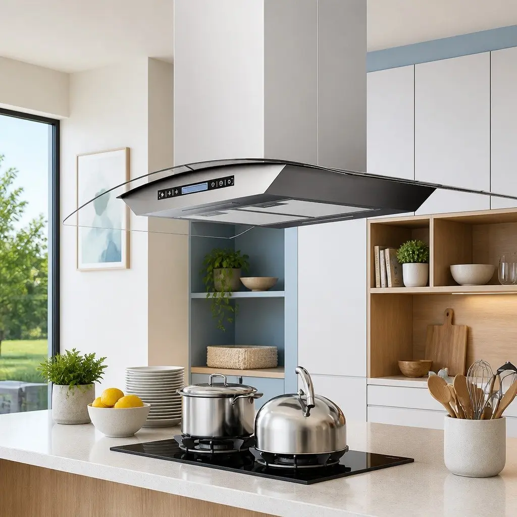 90cm Island Kitchen Extractor Stainless Steel Curved Glass Touch Sensor 756m³/h Silver
