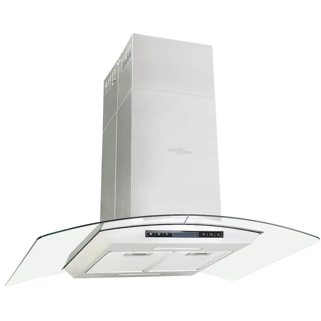 90cm Island Kitchen Extractor Stainless Steel Curved Glass Touch Sensor 756m³/h Silver