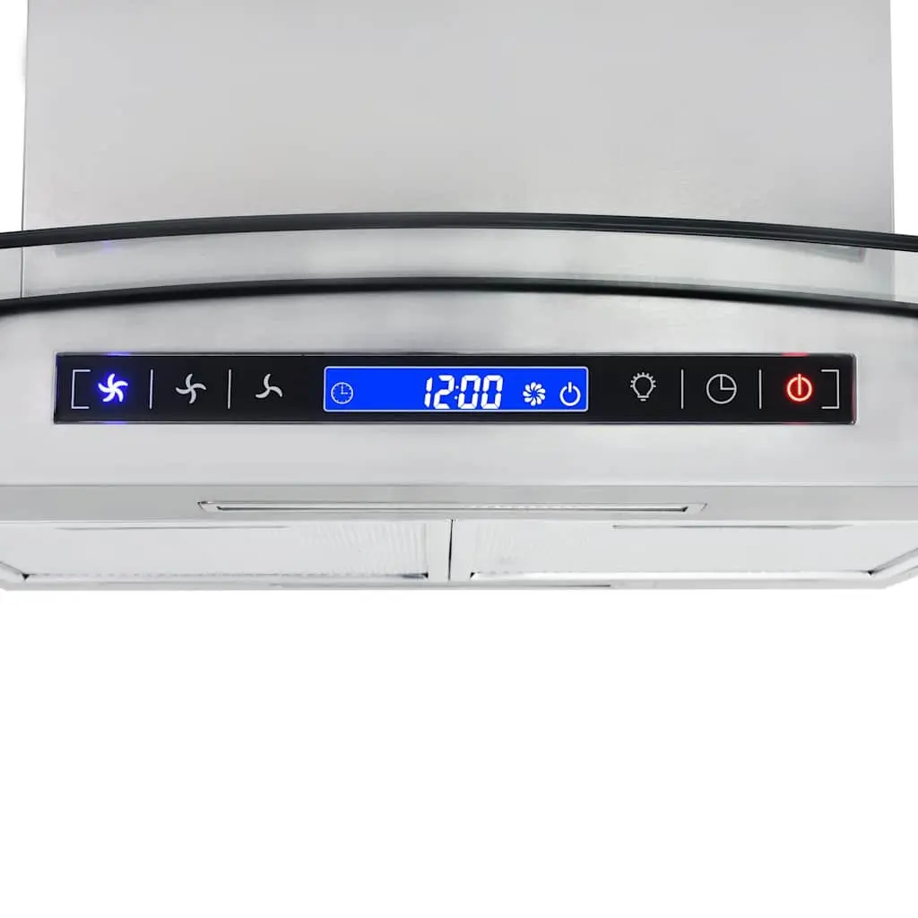 90cm Island Kitchen Extractor Stainless Steel Curved Glass Touch Sensor 756m³/h Silver