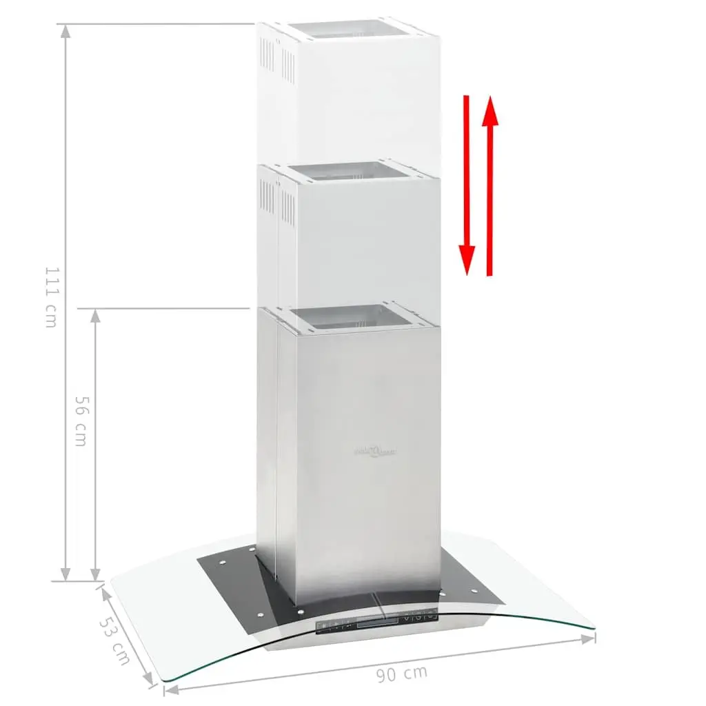 90cm Island Kitchen Extractor Stainless Steel Curved Glass Touch Sensor 756m³/h Silver
