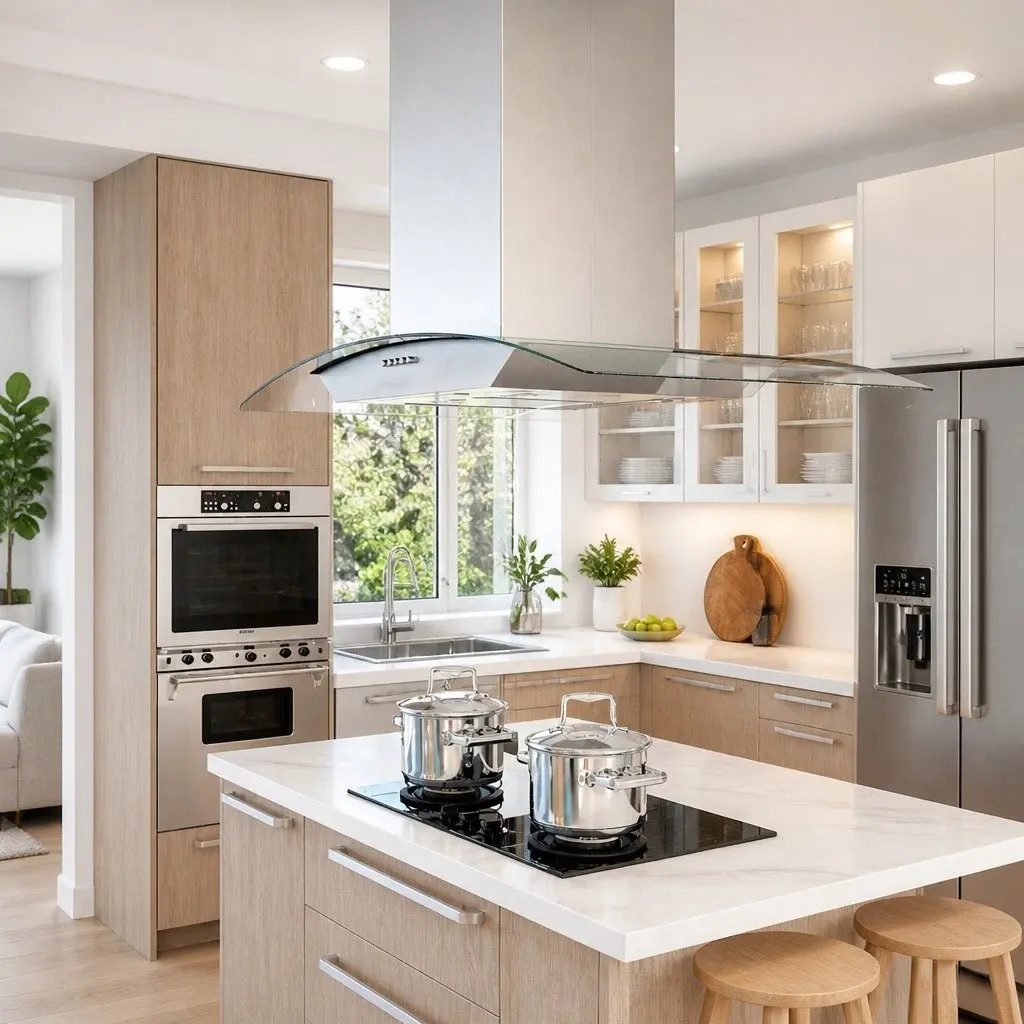 Island Range Hood Stainless Steel Curved Glass Canopy 90cm Silver