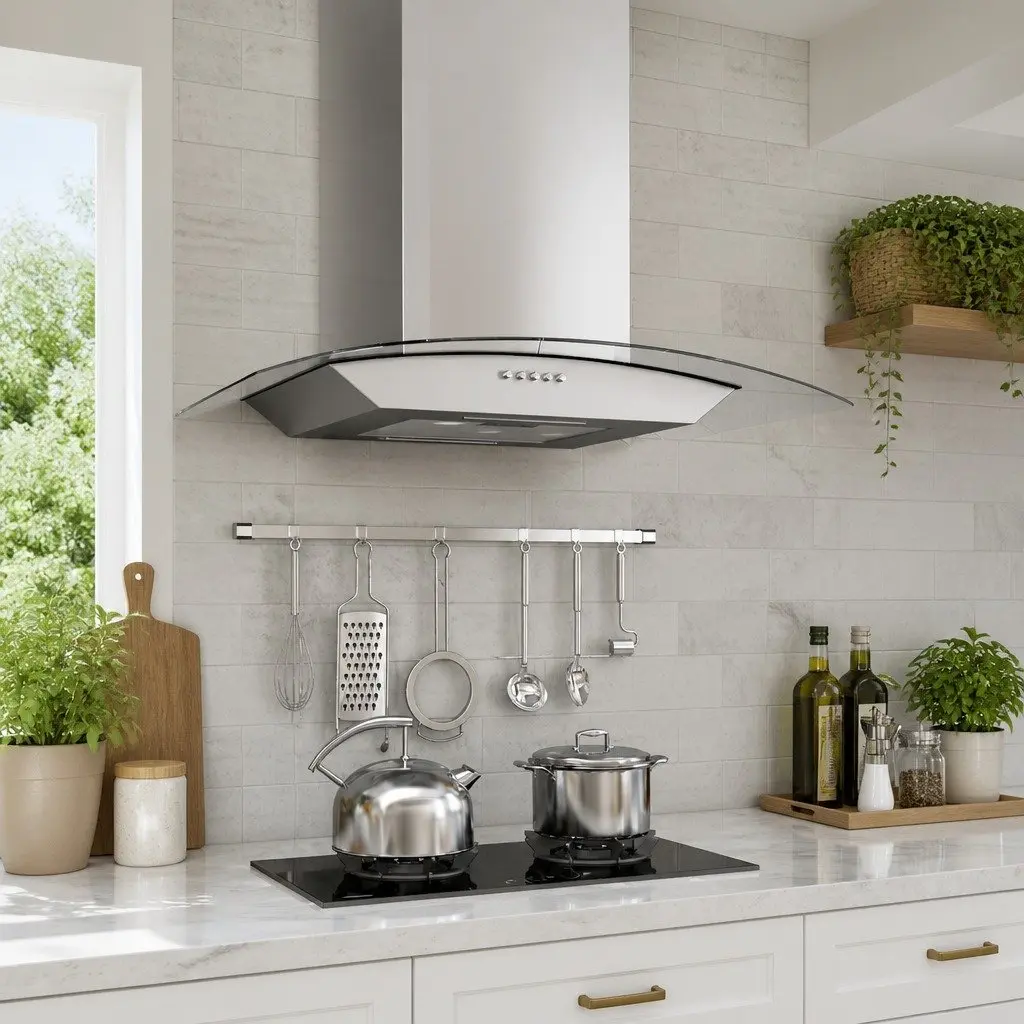 Wall Mounted Stainless Steel Range Hood 60cm Curved Glass Silver with LED Lighting