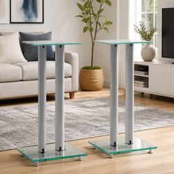 Speaker Stands Pair Tempered Glass Pillars Modern Design Silver Audio Support