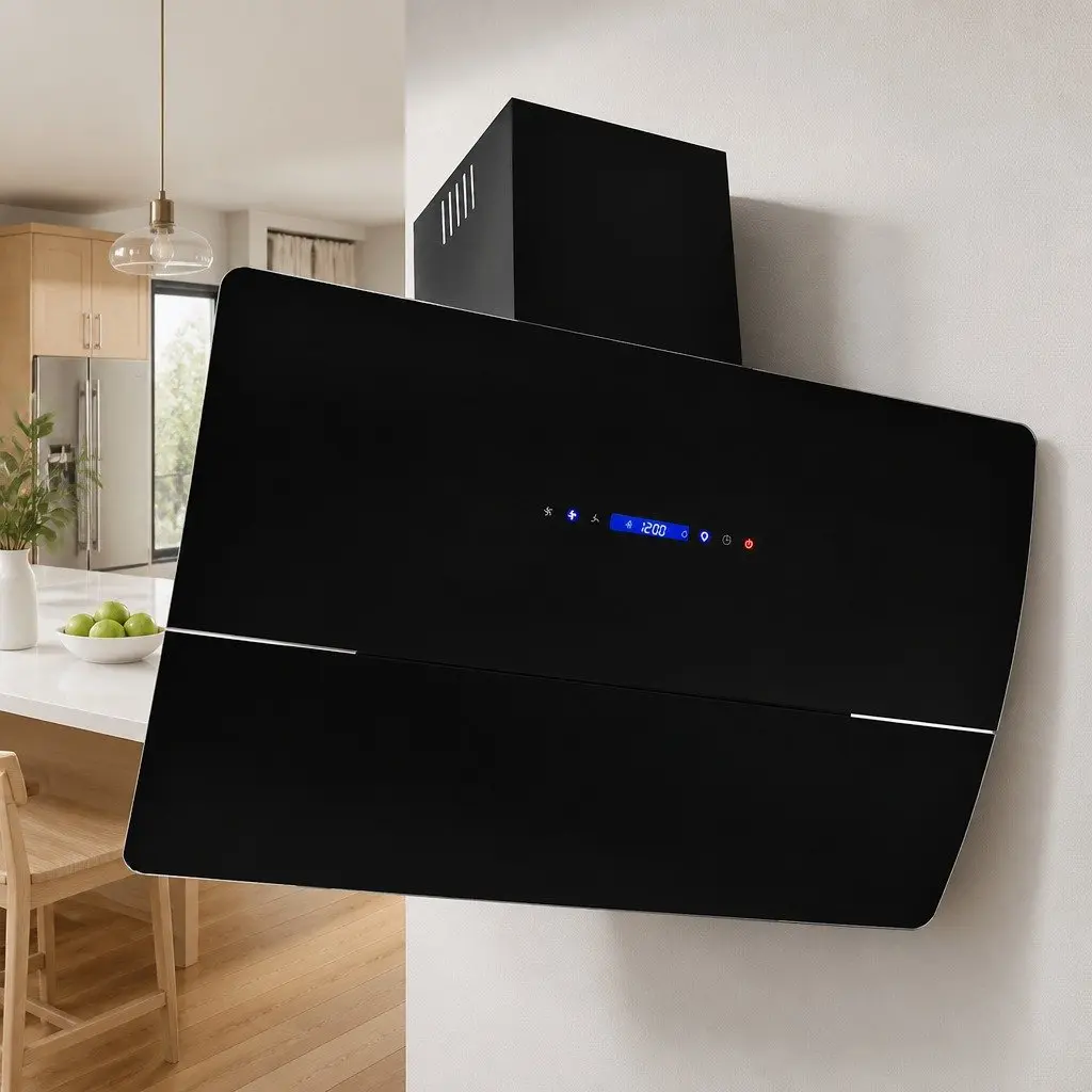 90cm Stainless Steel Wall Mounted Range Hood Kitchen Extractor Black 756m³/h Low Noise 3 Speed Touch Control LED Lighting