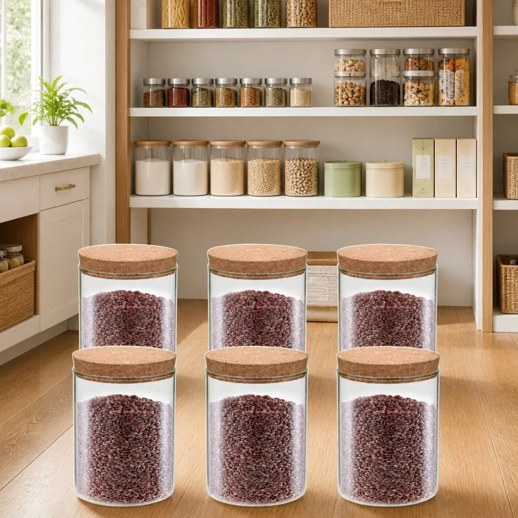 650ml Glass Jars Set of 6 with Cork Lids Transparent Food Storage Containers for Kitchen Pantry Organization
