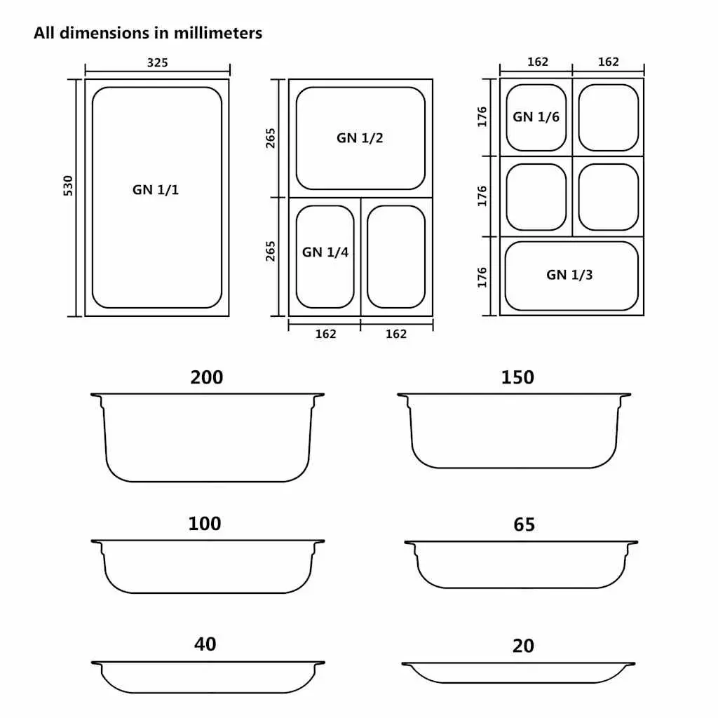 Stackable Gastronorm Containers 8 Piece GN 1/3 65 mm Stainless Steel Silver Steam Table Pans