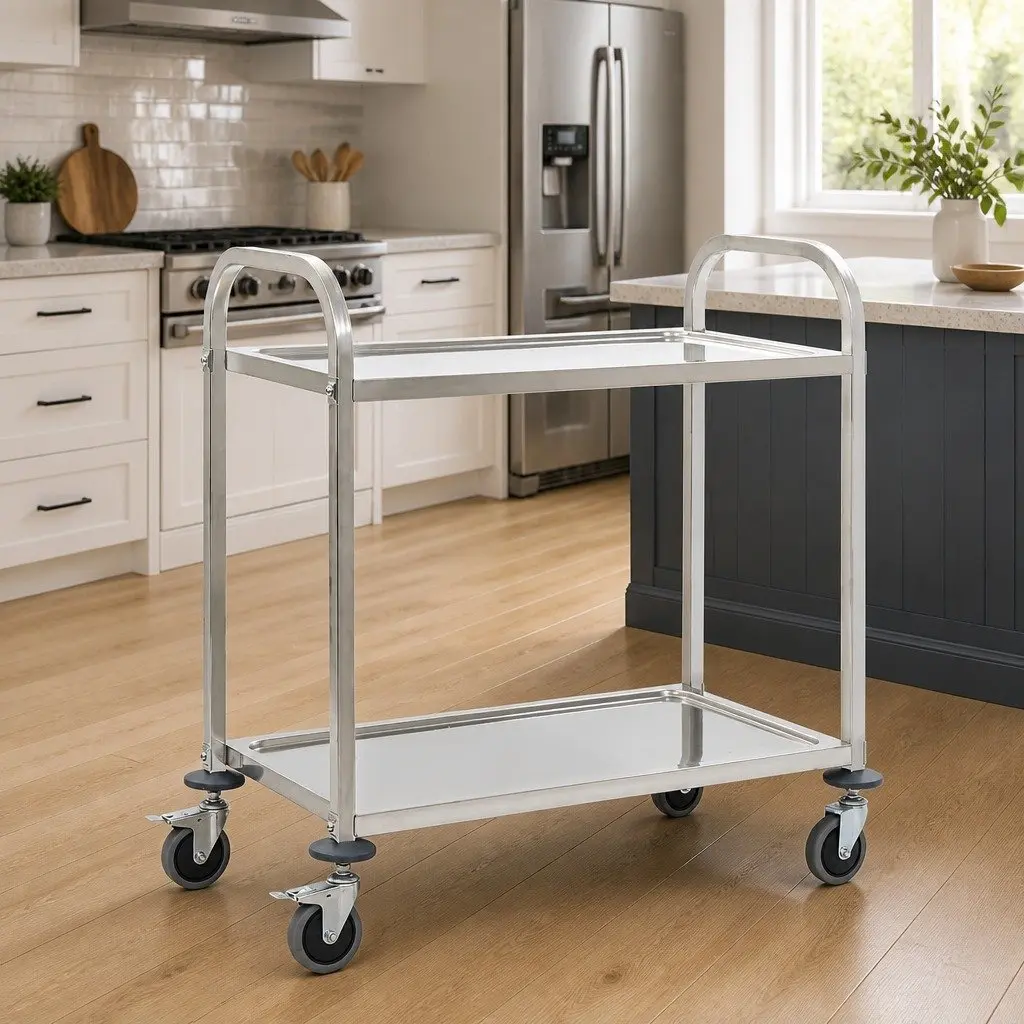 2-Tier Kitchen Trolley Stainless Steel Service Cart with Castors and Brakes