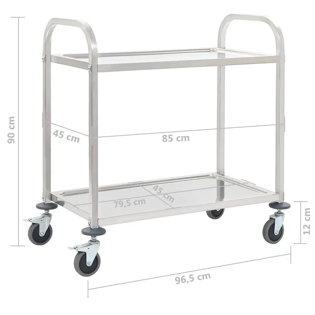 2 Tier Kitchen Trolley Stainless Steel Cart Silver with Lockable Castors and Brakes 965x55x90cm