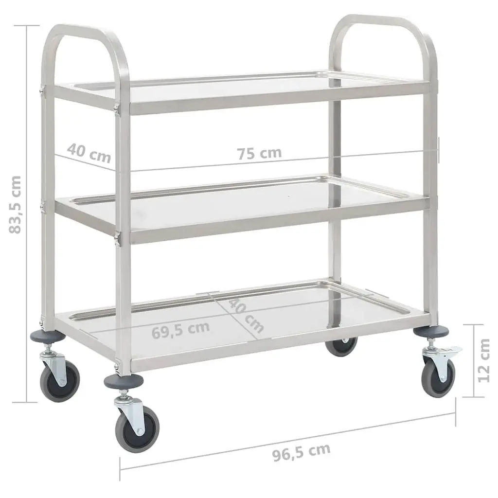 Stainless Steel 3-Tier Kitchen Trolley Service Cart with Braking Castors Silver 95x45x83.5cm