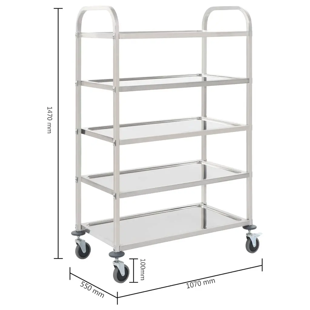 5-Tier Kitchen Trolley Stainless Steel Frame Silver Rolling Serving Cart