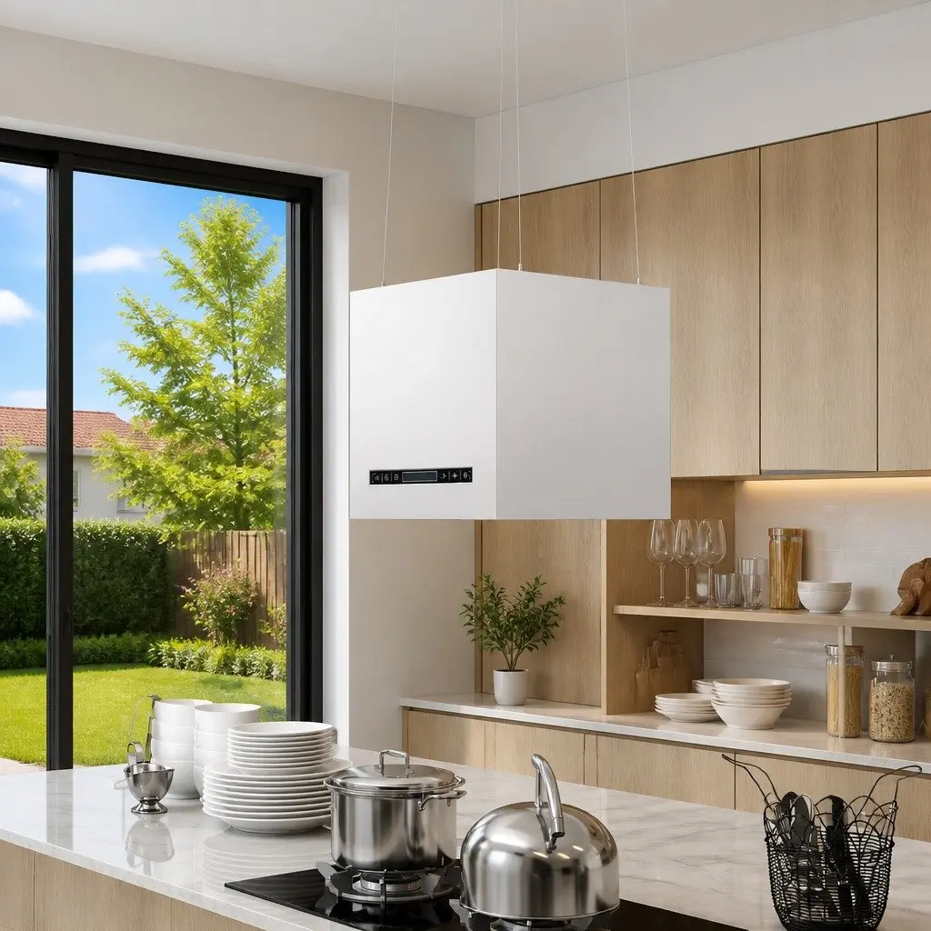 Ceiling Mounted Island Range Hood 37cm Stainless Steel Touch Control Silver