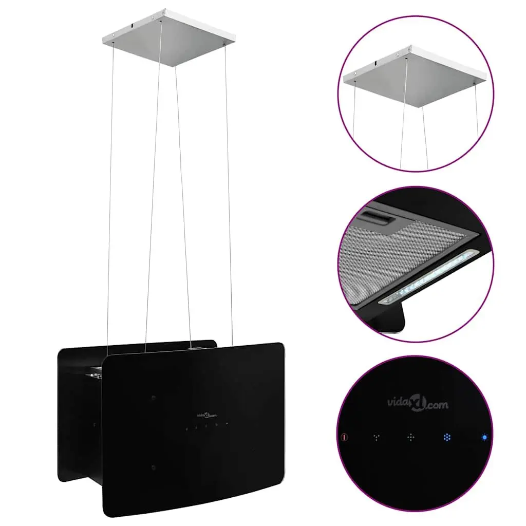 Island Range Hood Ceiling Mounted Tempered Glass Black