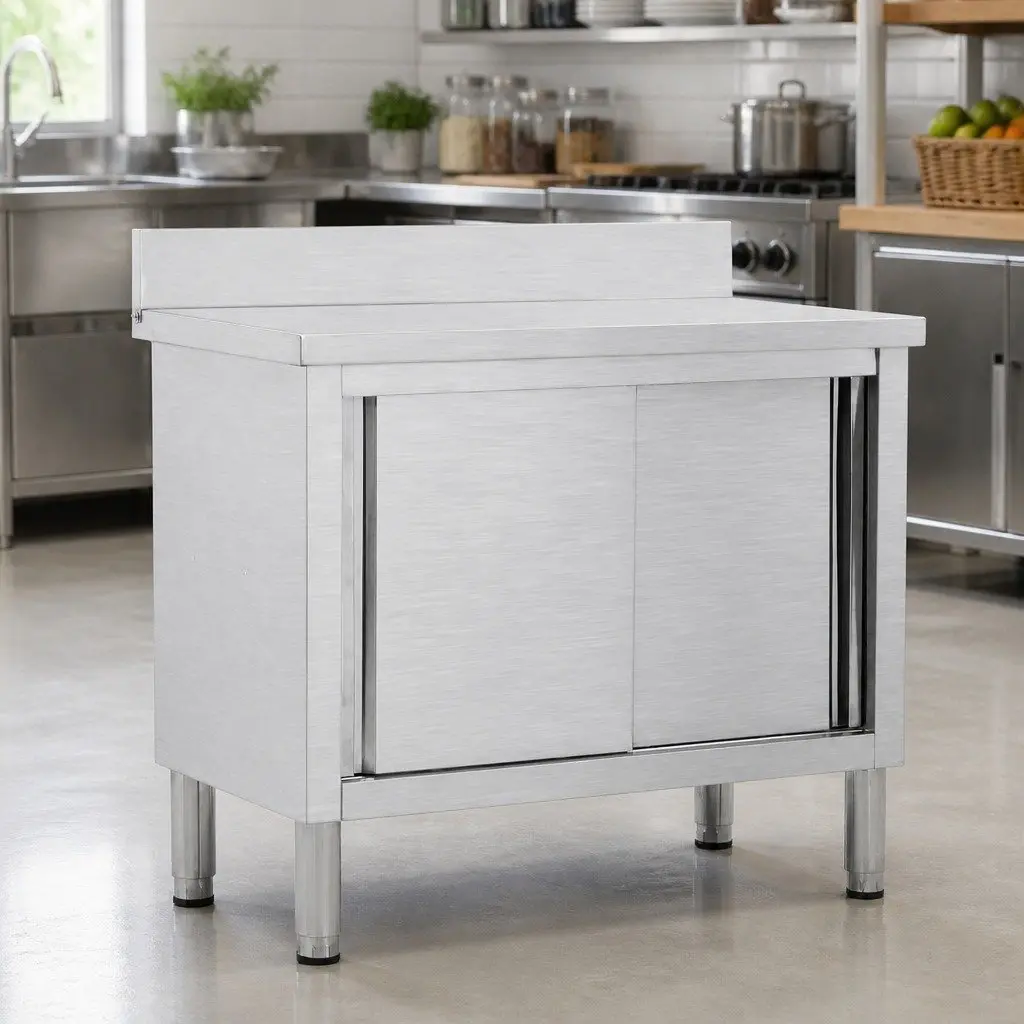 Stainless Steel Worktable with Enclosed Sliding Door Storage 100x50x95-97cm for Commercial Kitchen
