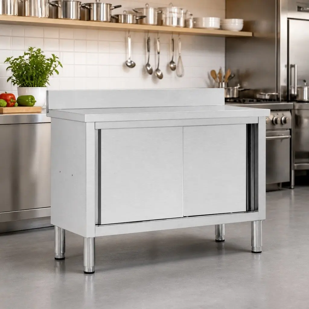 Stainless Steel Work Table Commercial Kitchen with Sliding Doors 120x50x95-97cm