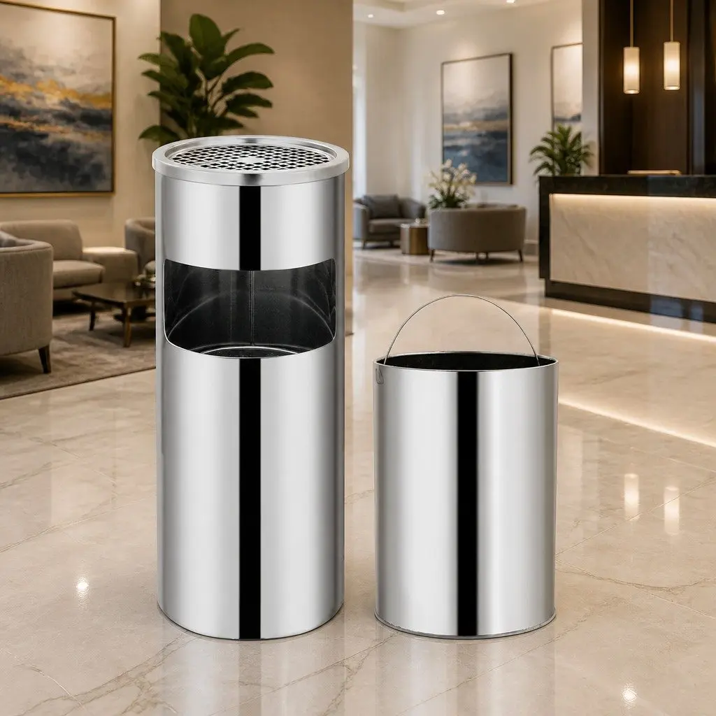 Stainless Steel Dustbin 30L Silver with Integrated Ashtray Removable Inserts for Hotels Restaurants Offices