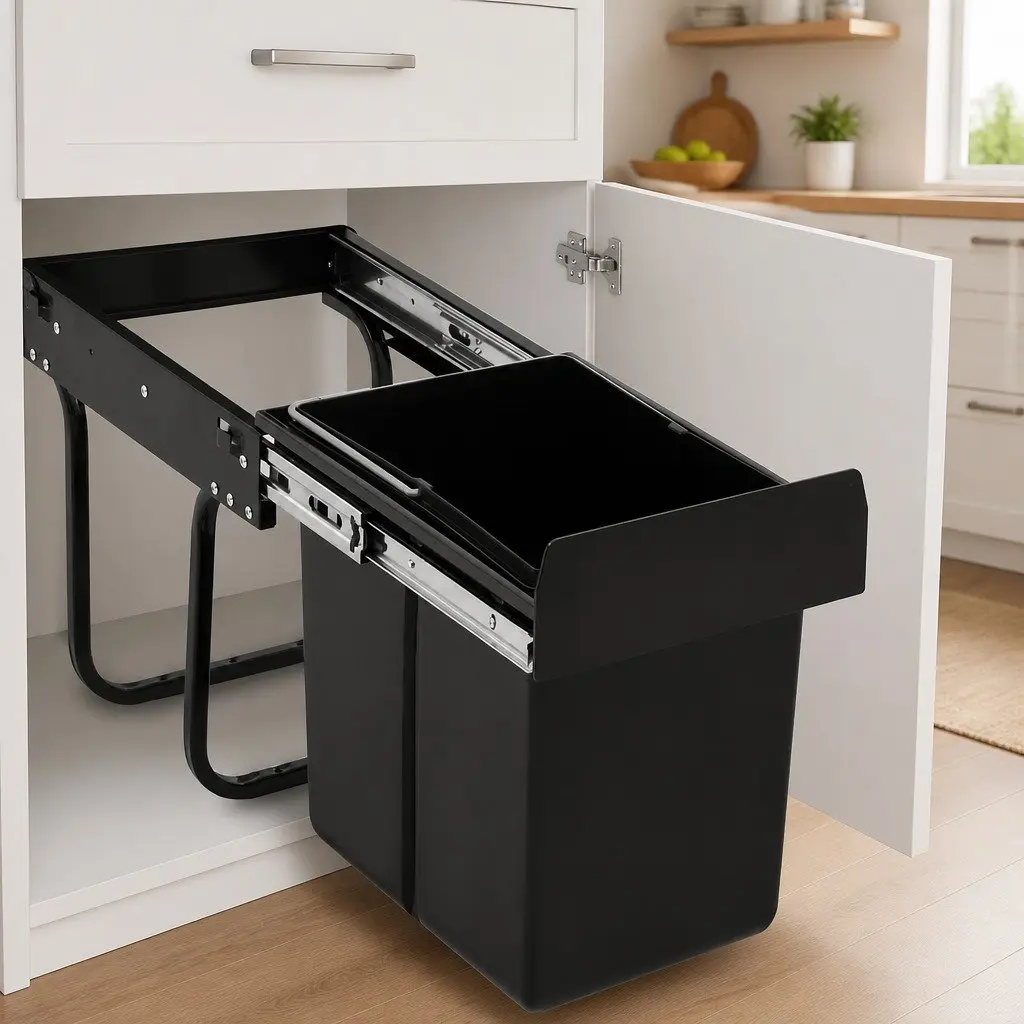 Kitchen Cupboard Pull-Out Waste Bin Soft-Close 20L Black Rubbish Container