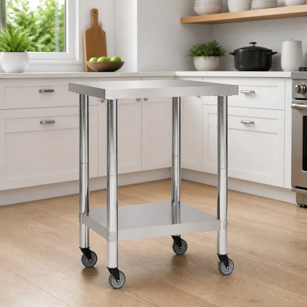 Stainless Steel Work Table for Food Prep with Bottom Shelf and Wheels 60x60x85cm