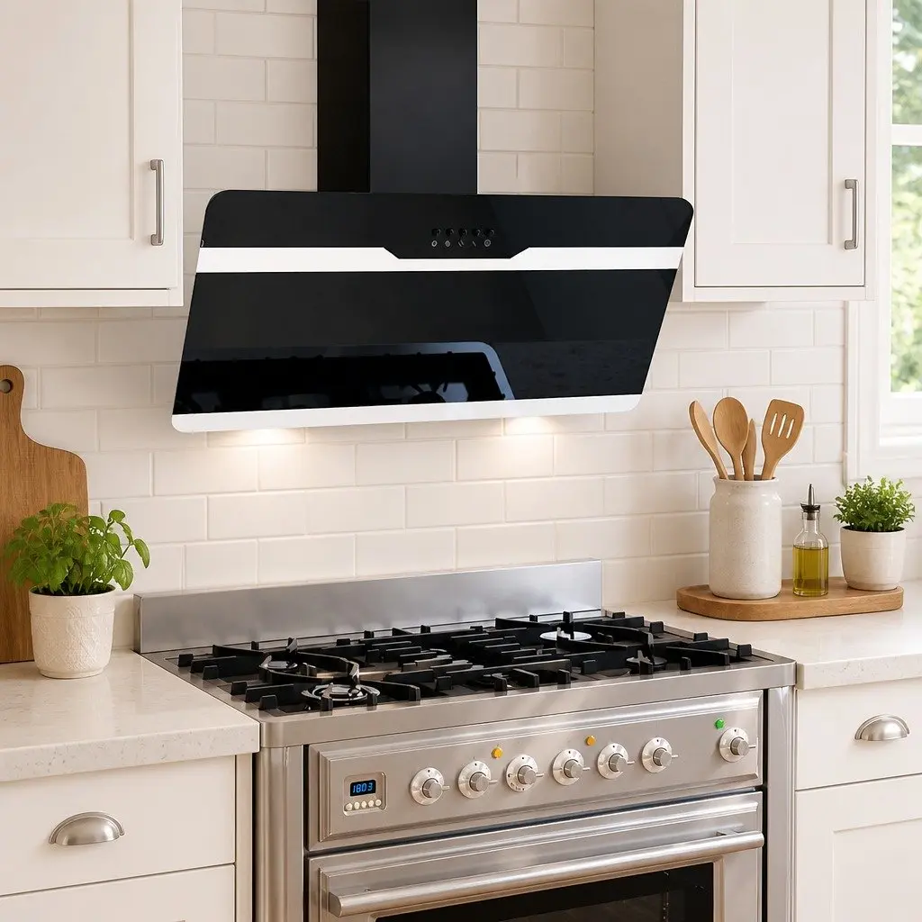 Wall Range Hood 90cm Steel Tempered Glass Black 297m³/h